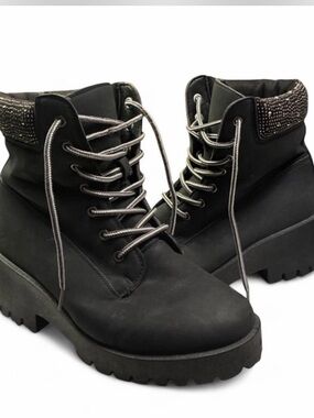 Rogue Black Lace-Up Platform Ankle Boots with Embellished Collar